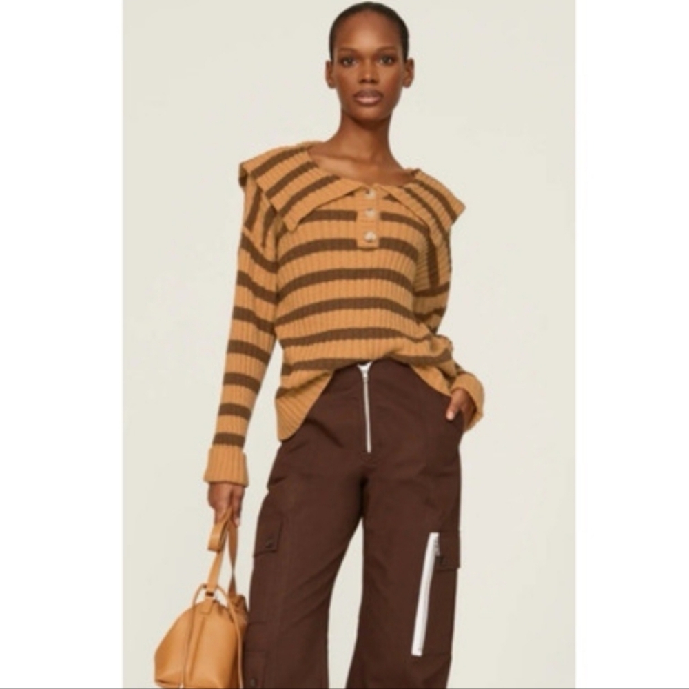 Line & Dot Sweater Brown Striped Popover Collared Stretch Size XS